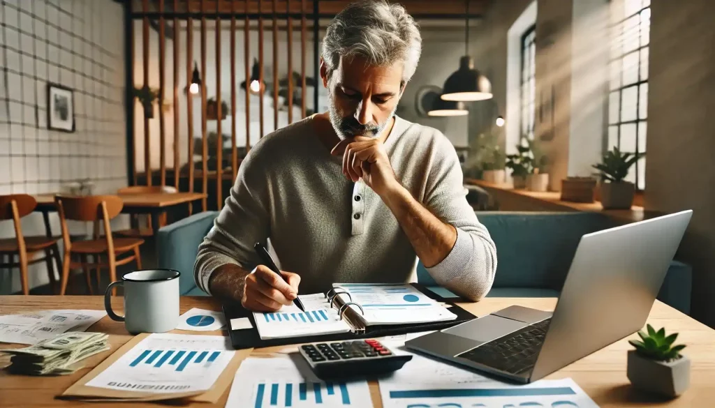 A man is sitting at a desk, reviewing their financial statements and looking for ways to optimize spending,