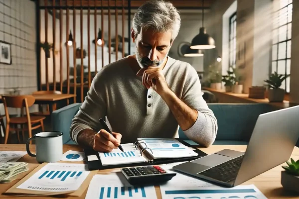 A man is sitting at a desk, reviewing their financial statements and looking for ways to optimize spending,