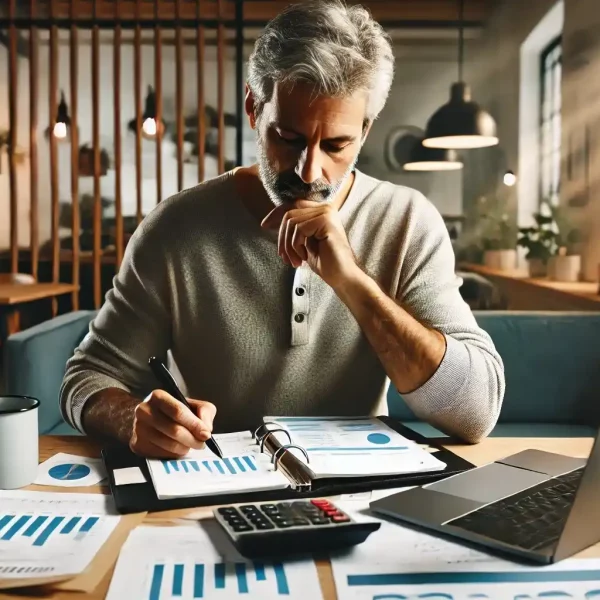 A man is sitting at a desk, reviewing their financial statements and looking for ways to optimize spending,