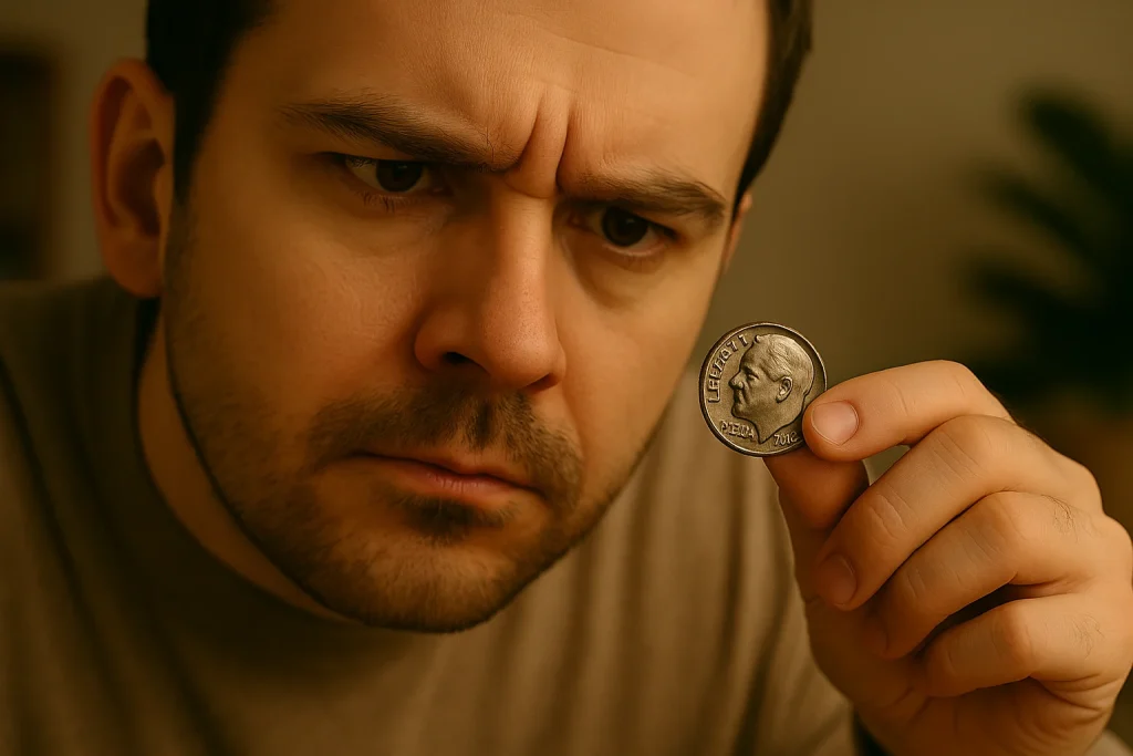 A man inspects a 1966 Roosevelt dime with intense focus, trying to spot rare features that could boost its collector value.