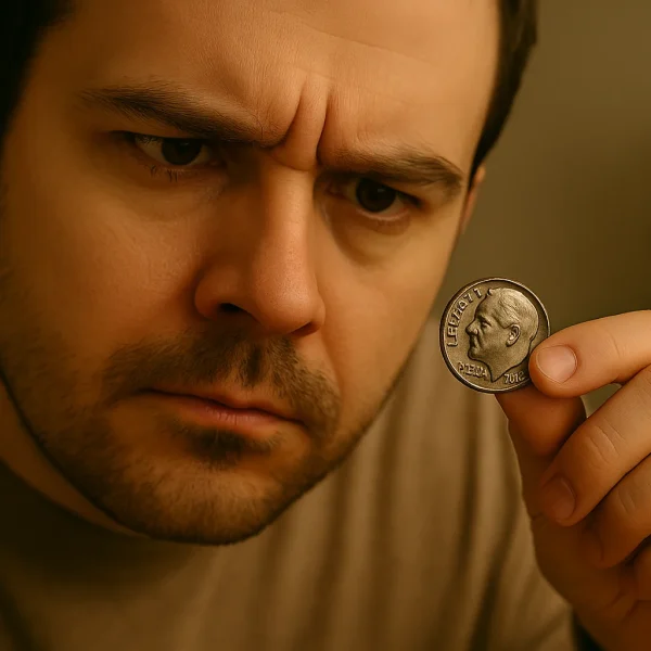 A man inspects a 1966 Roosevelt dime with intense focus, trying to spot rare features that could boost its collector value.