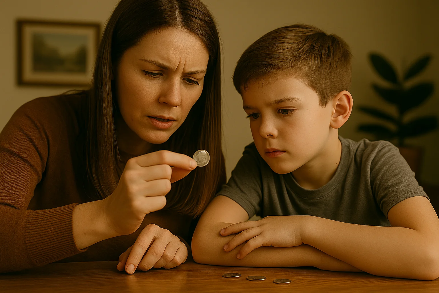 A woman and her son closely examine a 1966 Roosevelt dime at the table, discovering the joy of coin collecting together.