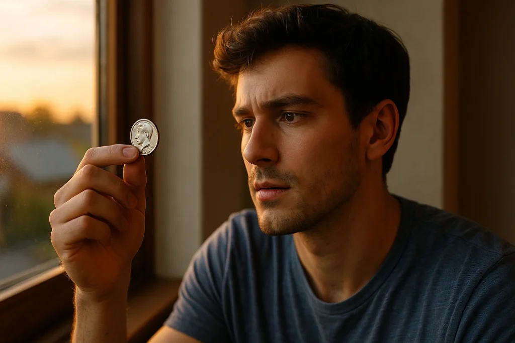 Bathed in warm evening light, a young man inspects a 1776–1976 Kennedy half dollar, captivated by its detail and historical charm.