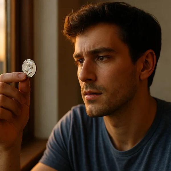 Bathed in warm evening light, a young man inspects a 1776–1976 Kennedy half dollar, captivated by its detail and historical charm.