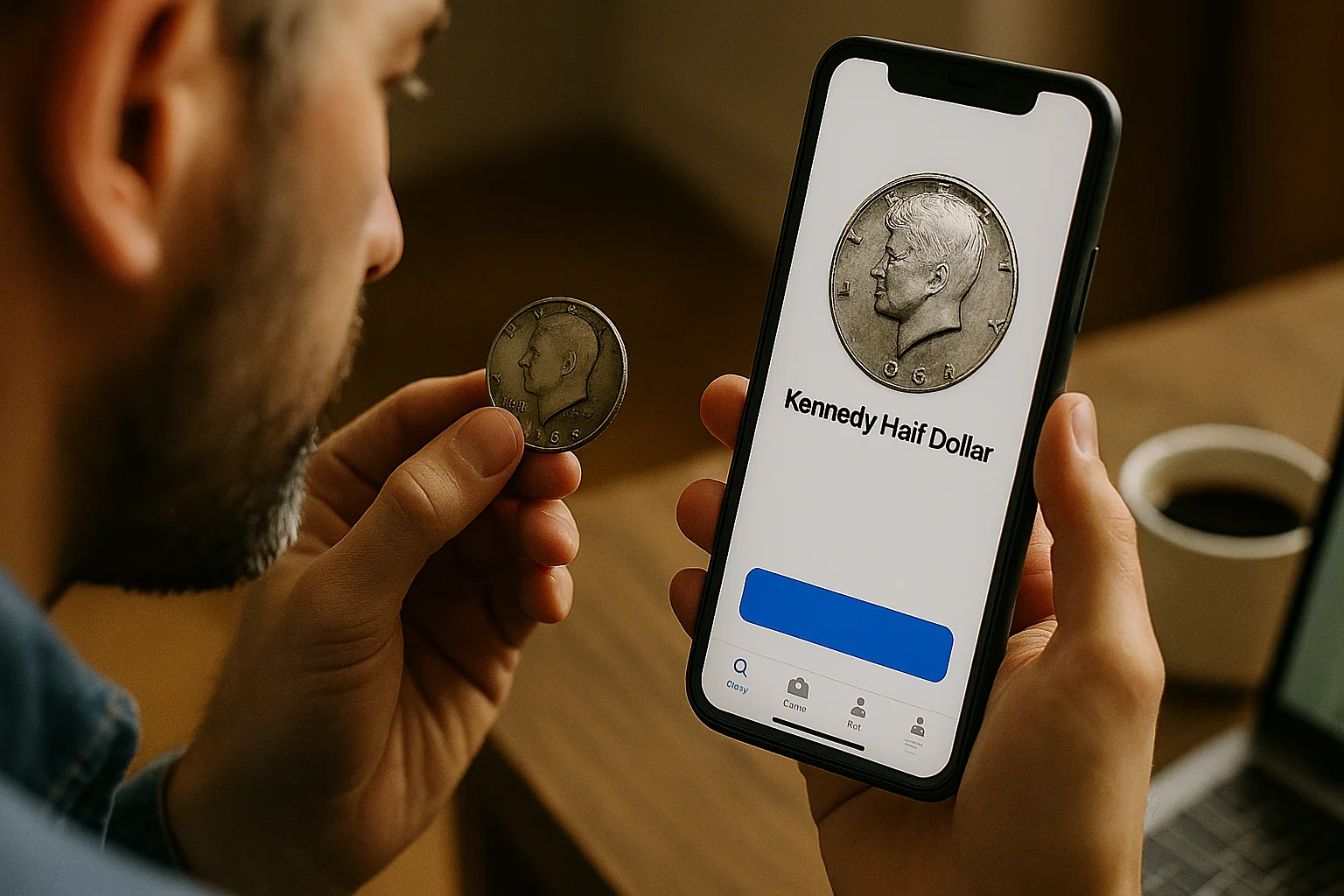A collector examines a Kennedy half dollar while waiting for an identification app results to find the coin’s potential value.