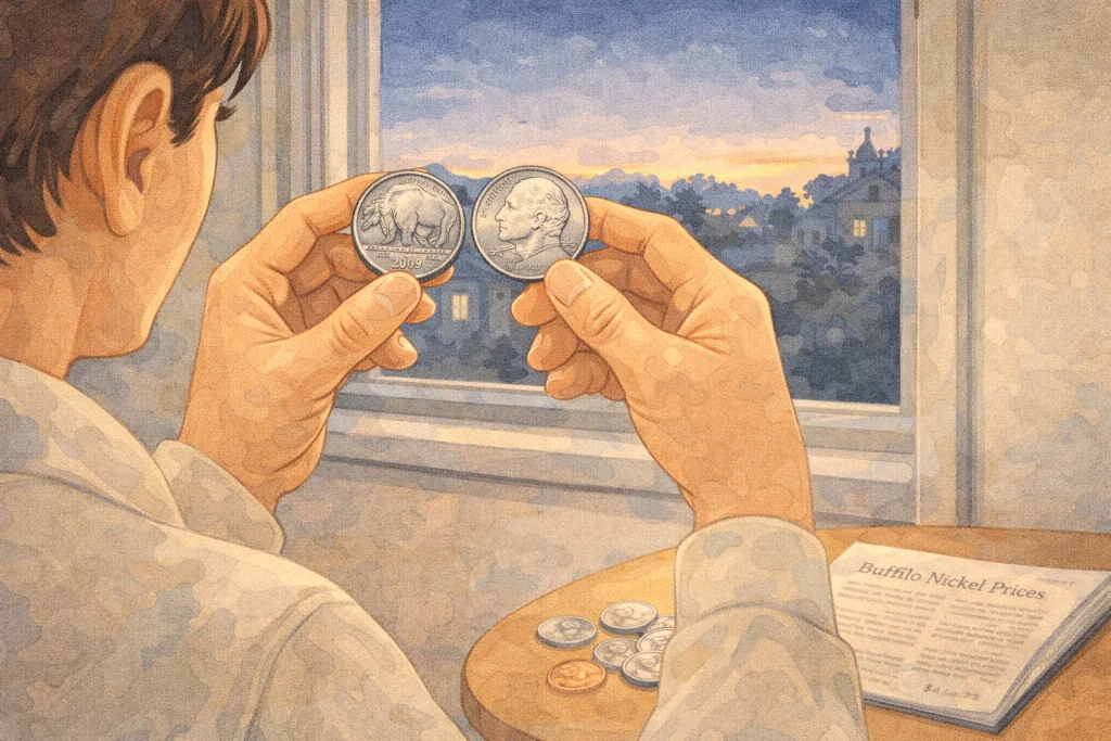 A collector compares two Buffalo nickels in front of the window.