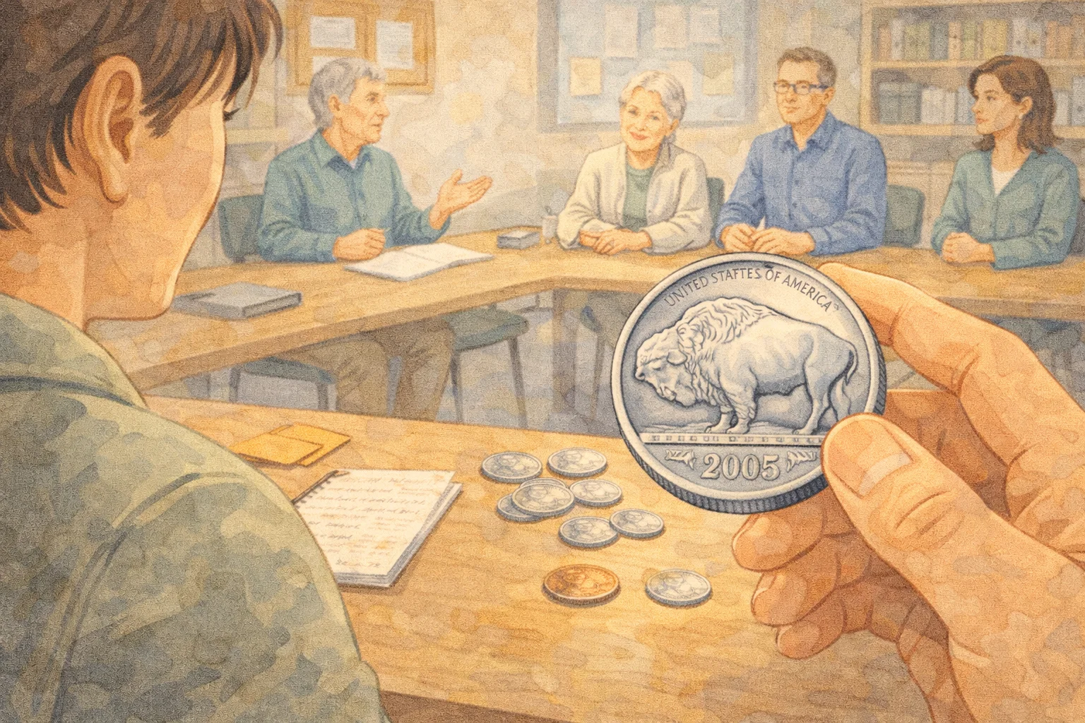 A collectors club meeting where the Buffalo nickel is discussed.