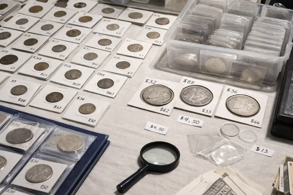 Dealer table at a local coin show with holders, price tags, a loupe, and flips.