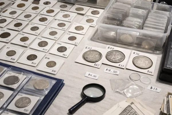 Dealer table at a local coin show with holders, price tags, a loupe, and flips.