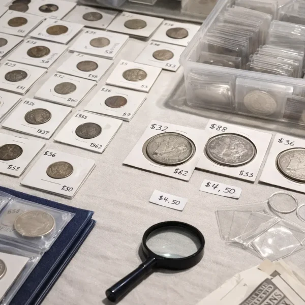 Dealer table at a local coin show with holders, price tags, a loupe, and flips.