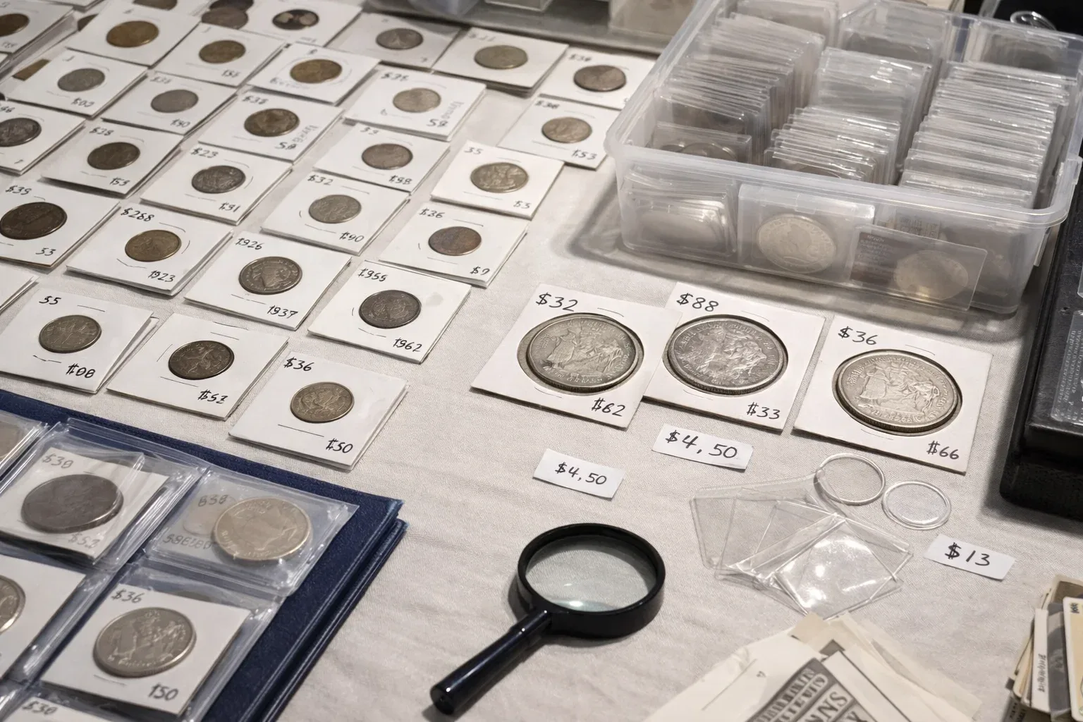 Dealer table at a local coin show with holders, price tags, a loupe, and flips.