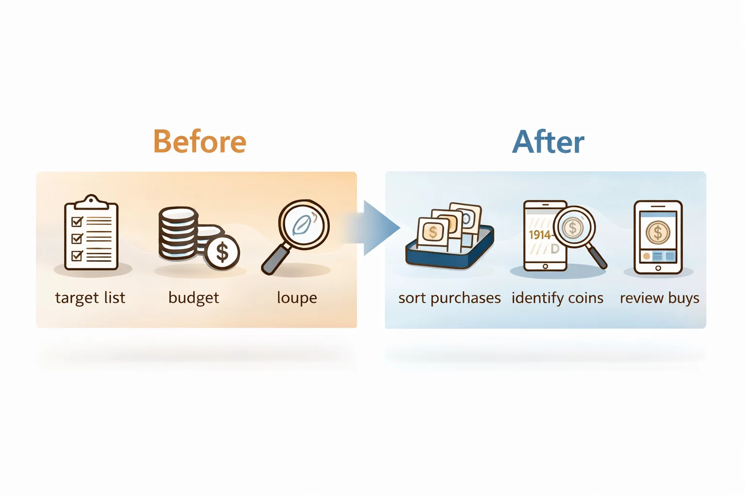 Before-and-after coin show checklist infographic for planning and post-show review.